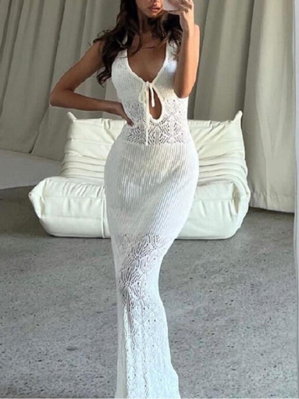Tiger Mist White Backless Knit Dress Women’s Knit Maxi Dress with Front Tie